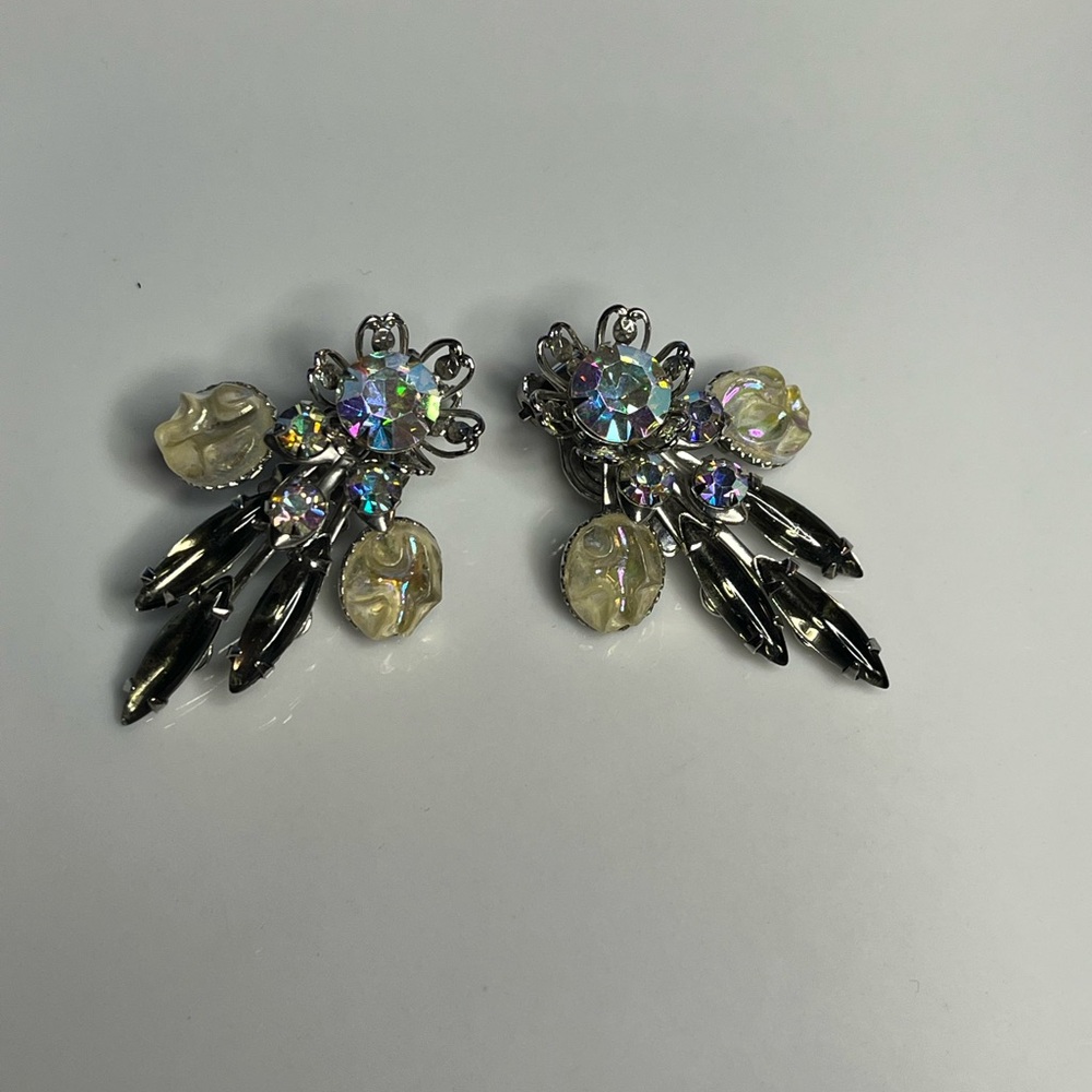 Vintage Silver Tone Prong-set AB Rhinestone Clip-on Earrings